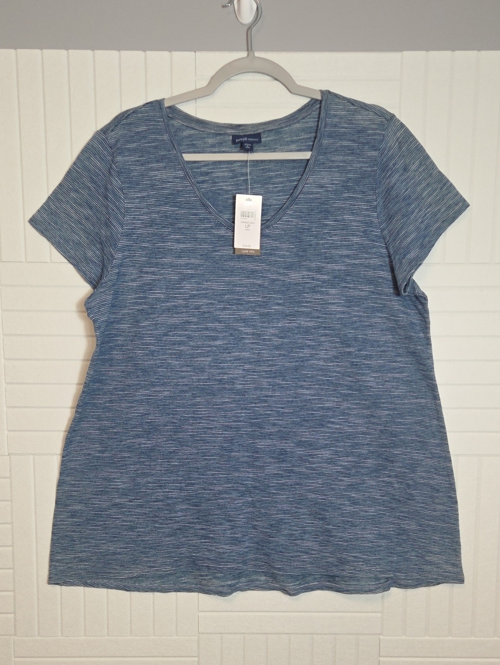 Pure Jill Indigo 100% Cotton Striped V Neck T Shirt Size LP NWT